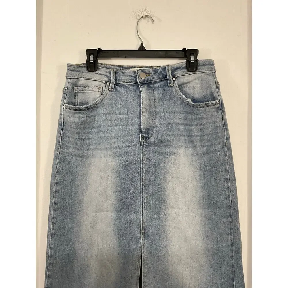 90s Style Risen Demin High Rise Maxi Skirt Size Large Front Slit Stretch - Picture 3 of 7